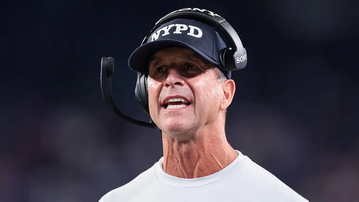 John Harbaugh reacts during the second quarter of a game at MetLife Stadium.