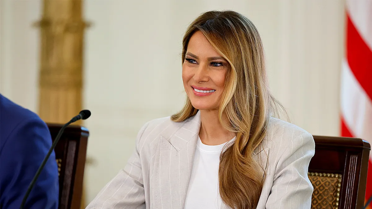 First Lady Melania Trump speaks during a White House Task Force on Artificial Intelligence Education meeting in the East Room.