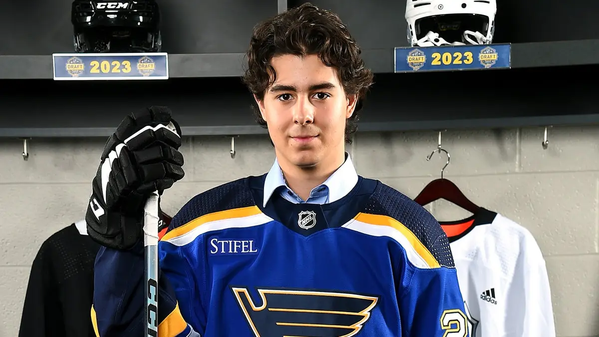 Matthew Mayich poses for a portrait after being selected by the St. Louis Blues at the NHL Draft.