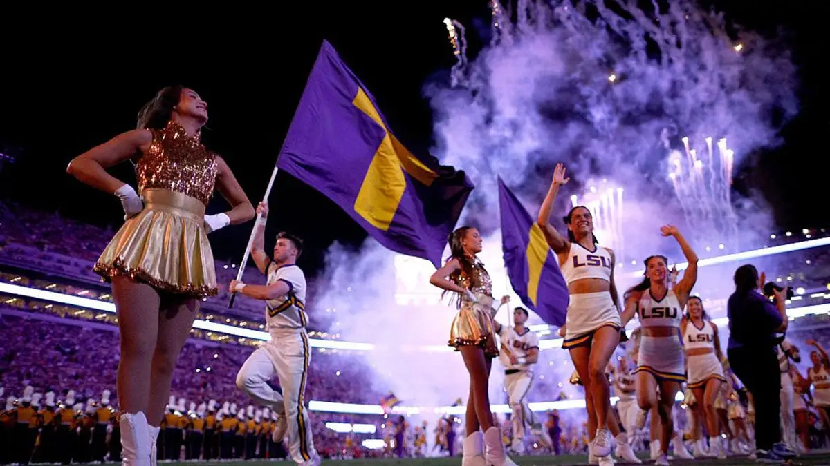 Fireworks burst above Tiger Stadium before the NCAA football game between Western Kentucky and LSU in Baton Rouge.