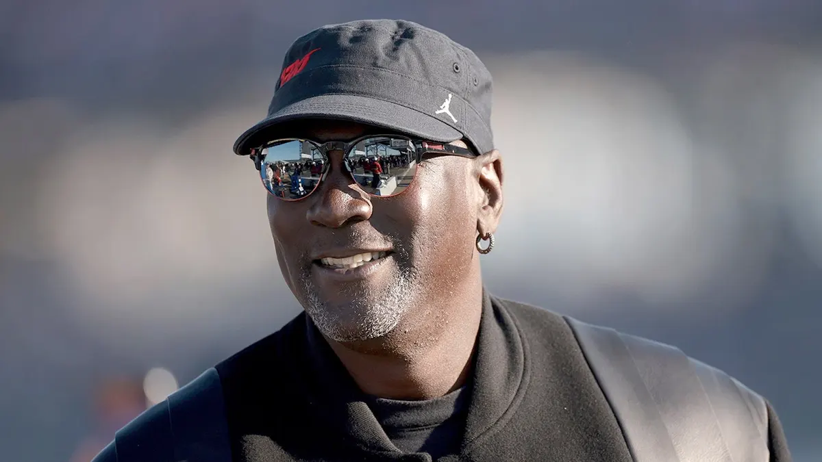 Michael Jordan reacts after Tyler Reddick wins the NASCAR Cup Series GEICO 500 at Talladega Superspeedway.