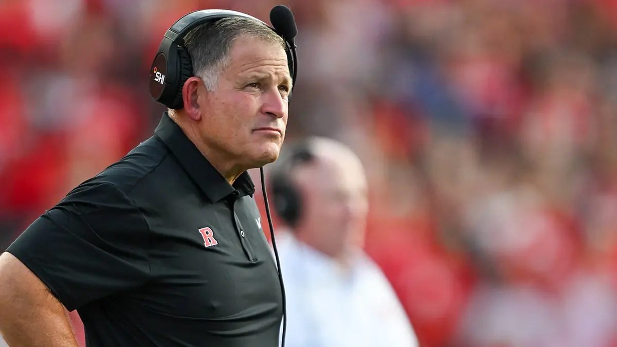 Greg Schiano, head coach of Rutgers Scarlet Knights, looks on during the first quarter.