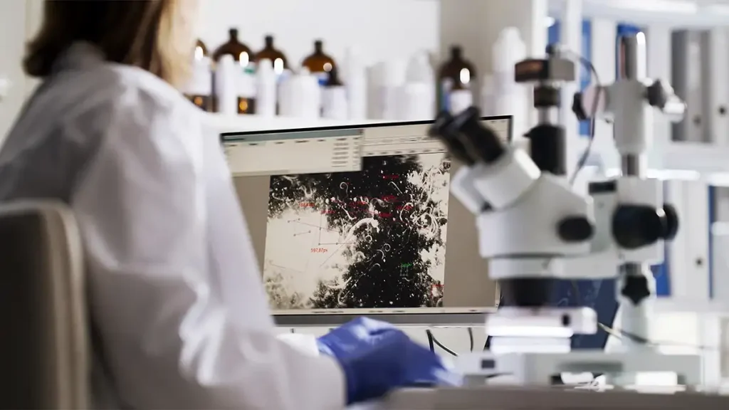 A scientist looks at a sample under a microscope.