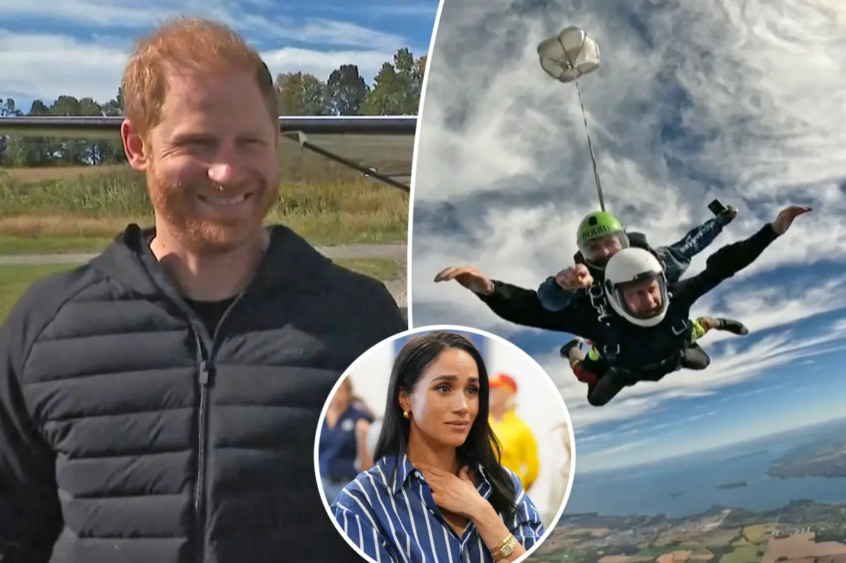 Harry salta de paraquedas em Toronto por veteranos de guerra e Meghan acompanha apreensiva