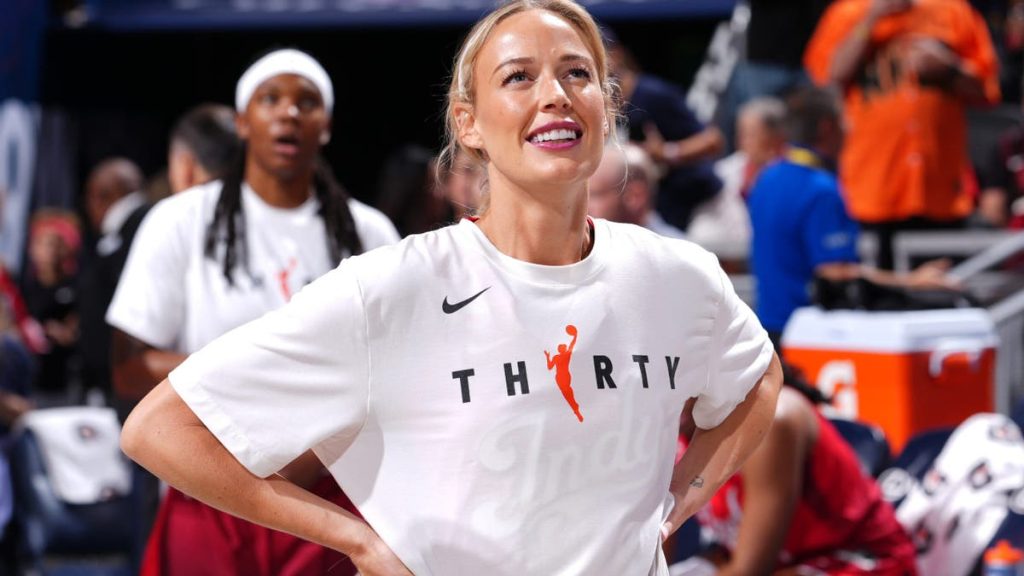 Sophie Cunningham #8 of the Indiana Fever smiles before a game.