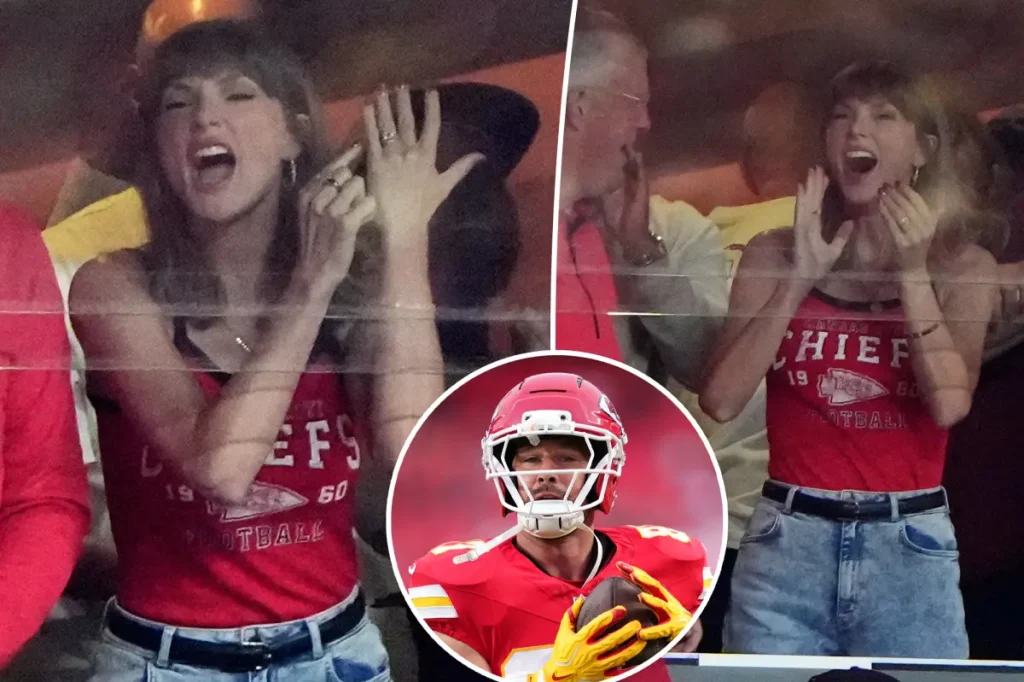 Taylor Swift aponta para aliança após primeiro touchdown de Travis Kelce na temporada