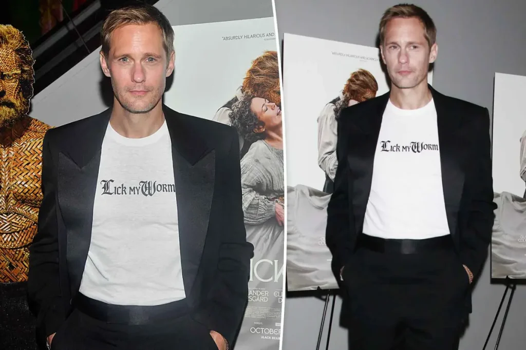 Alexander Skarsgård usa camiseta Lick My Worm em exibição de Wicker em Nova York