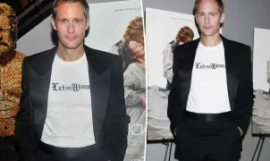 Alexander Skarsgård usa camiseta Lick My Worm em exibição de Wicker em Nova York