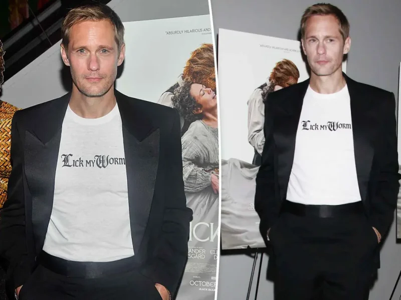 Alexander Skarsgård usa camiseta Lick My Worm em exibição de Wicker em Nova York