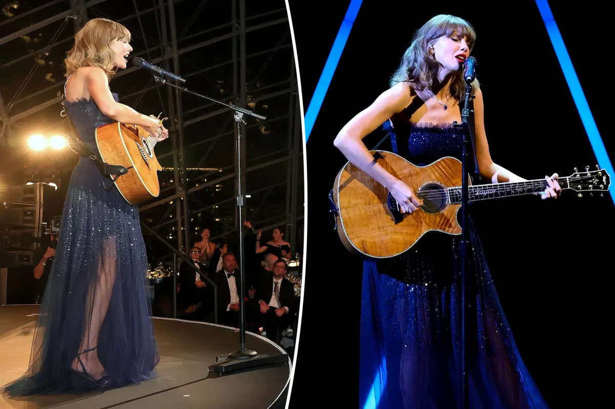 Taylor Swift usa vestido azul-marinho da Ralph Lauren em performance no Academy Museum
