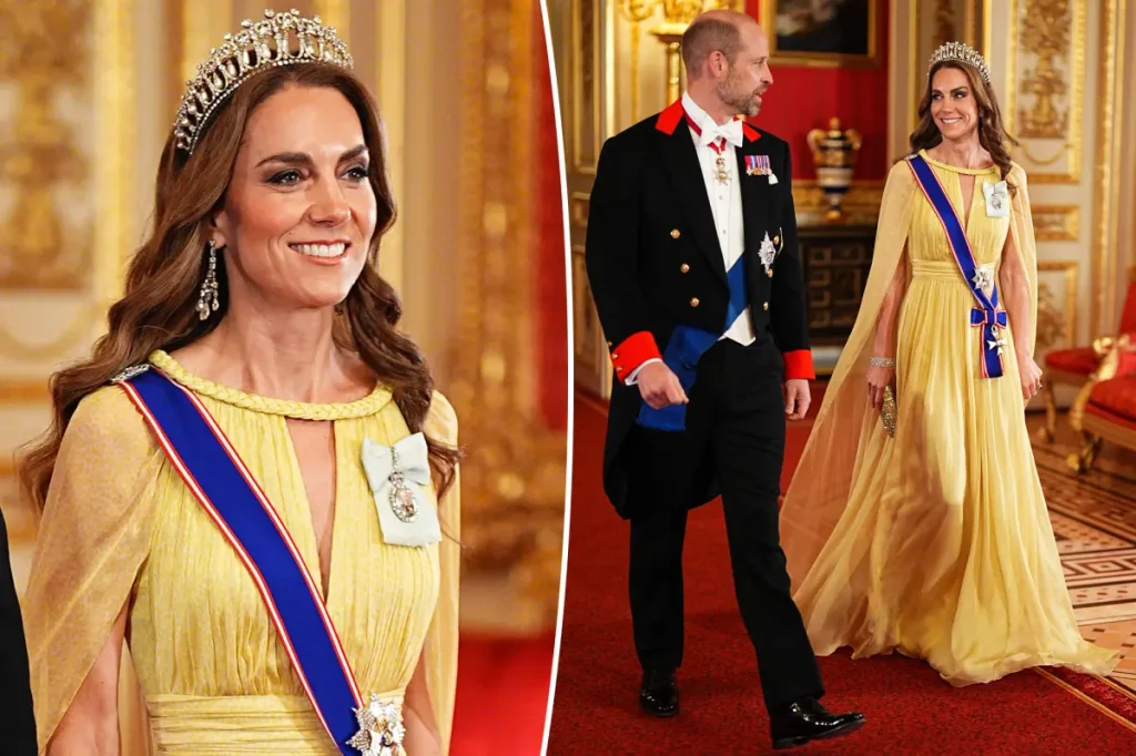 Kate Middleton usa vestido amarelo e tiara de Diana em banquete de Estado no Castelo de Windsor