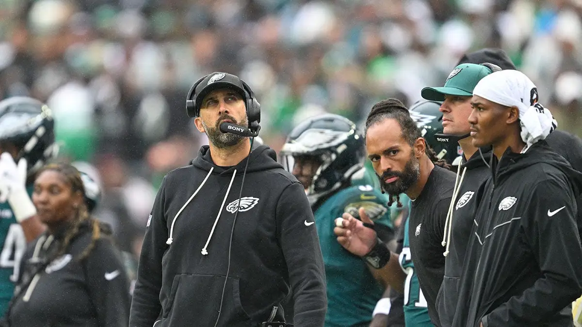 Nick Sirianni, Philadelphia Eagles head coach, looks on during a game at Lincoln Financial Field.