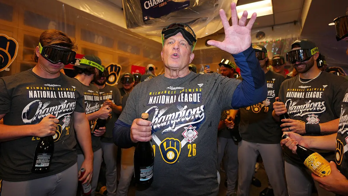 Pat Murphy of the Milwaukee Brewers celebrates after winning Game Four at Dodger Stadium.