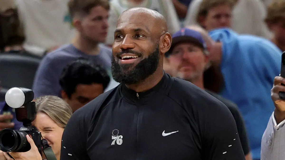 LeBron James of the Philadelphia 76ers smiles before a game against the Indiana Pacers.