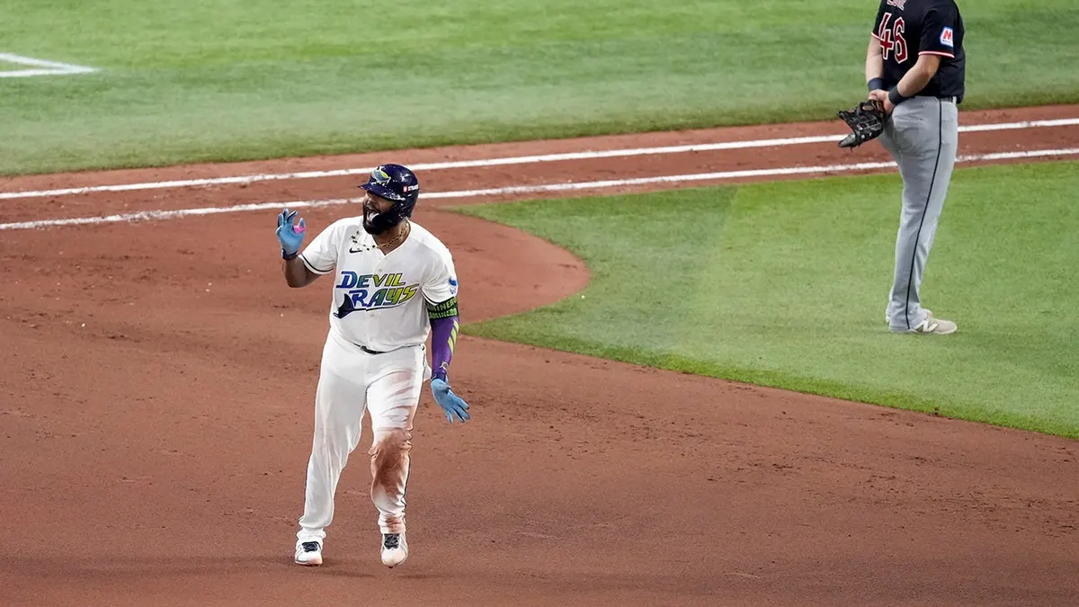 Junior Caminero celebrates after hitting a two-run home run during Game 6 of the American League Championship Series.