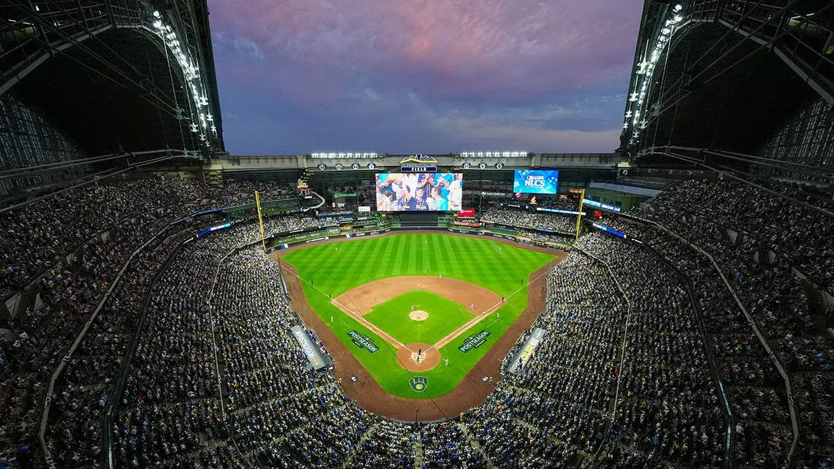 American Family Field at sunset during Game Two of the National League Championship Series between the Dodgers and Brewers.