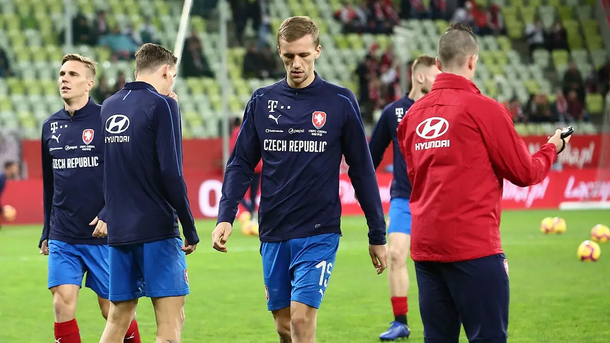 Czech Republic national football team stands on the field during an international friendly soccer match.