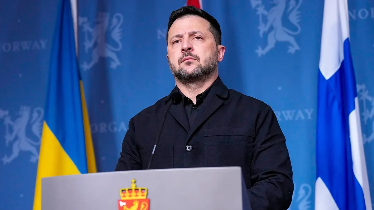 Volodymyr Zelensky speaks at a press conference in Oslo, Norway.