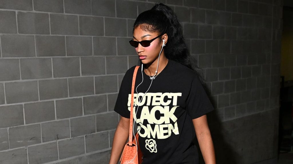 Angel Reese arrives at Chase Center before the WNBA Finals game.