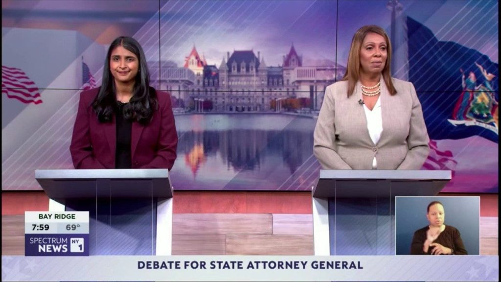Letitia James hesita ao citar procurador-geral que admira em debate em Nova York