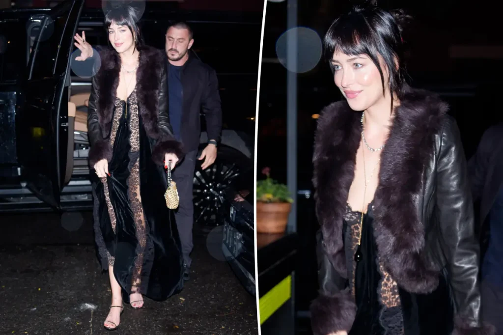Dakota Johnson completa 37 anos com look de renda e pele em Nova York